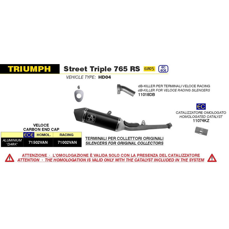 Sistema completo Triumph Street Triple 765 2020-2022 catalítico homologado con escape Veloce aluminio Dark