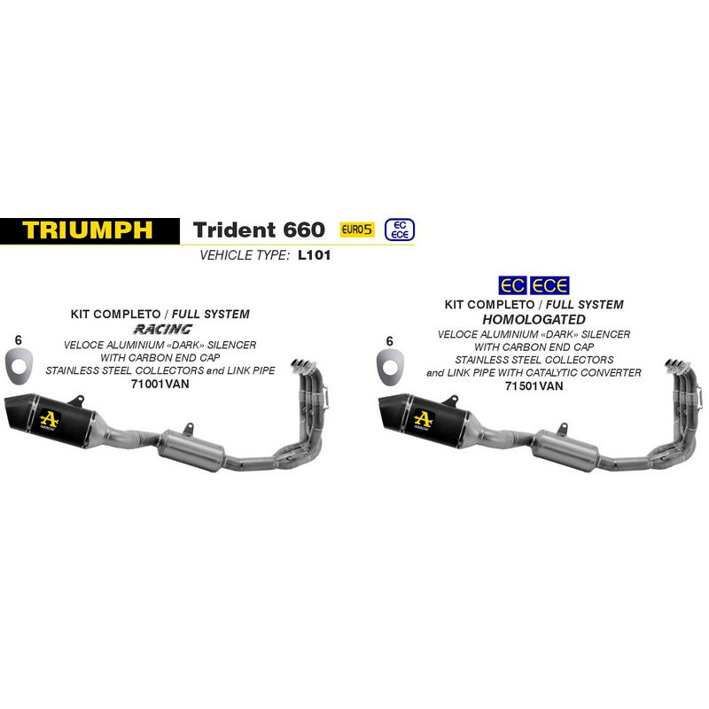 Sistema completo racing Triumph Trident 660 2021-2024 con escape Veloce aluminio Dark